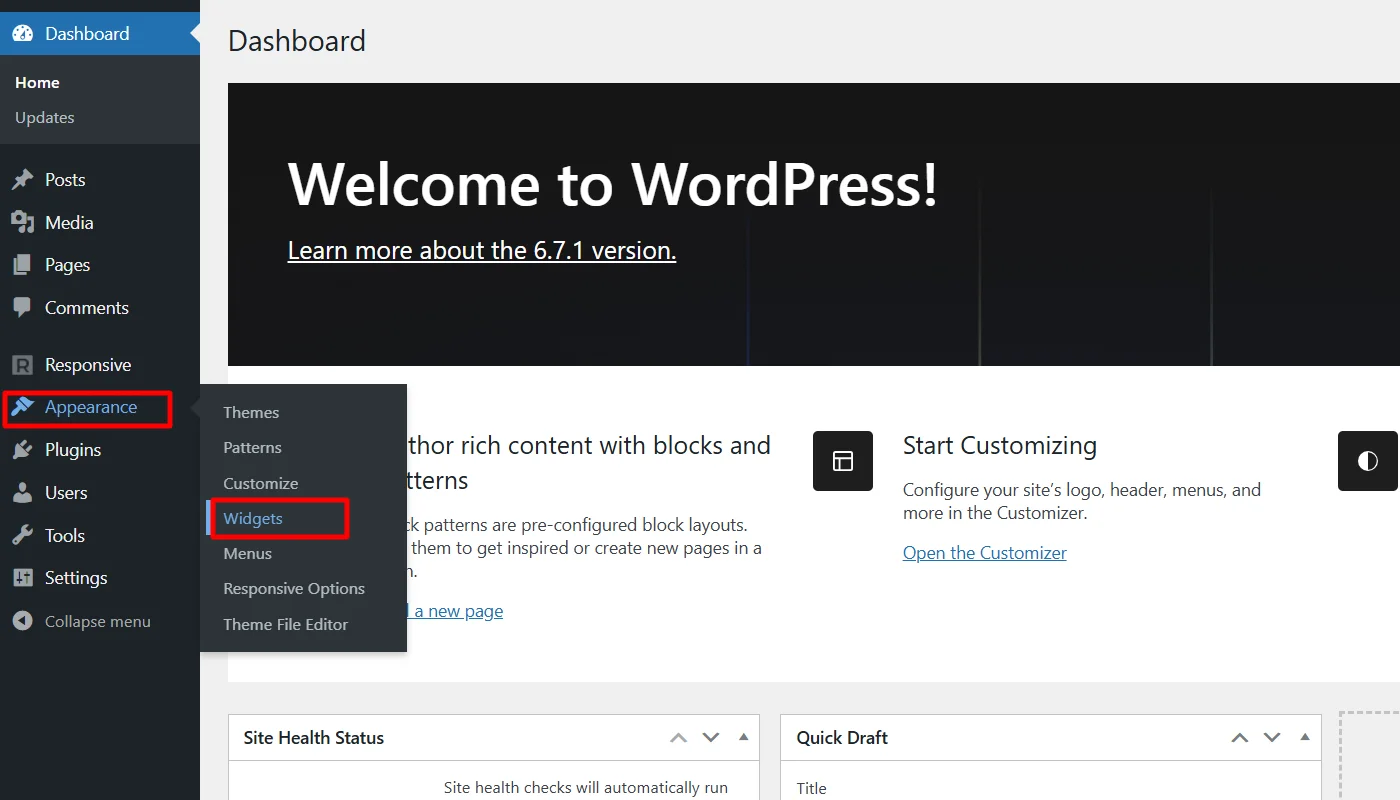 Clicking widgets from appearance