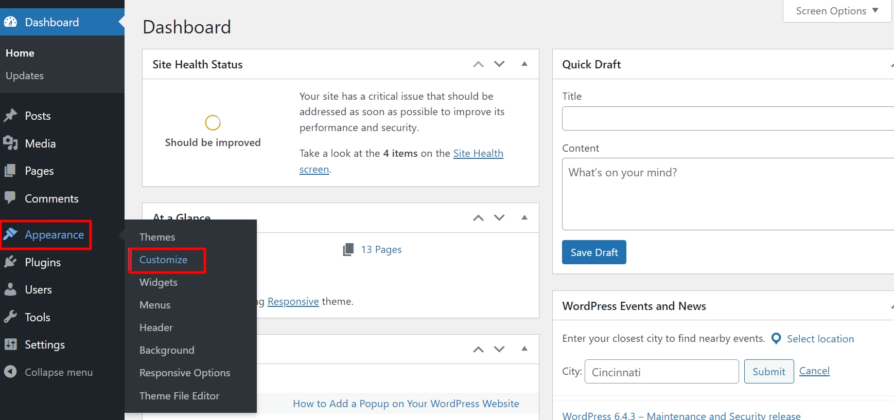 Clicking customize from appearance