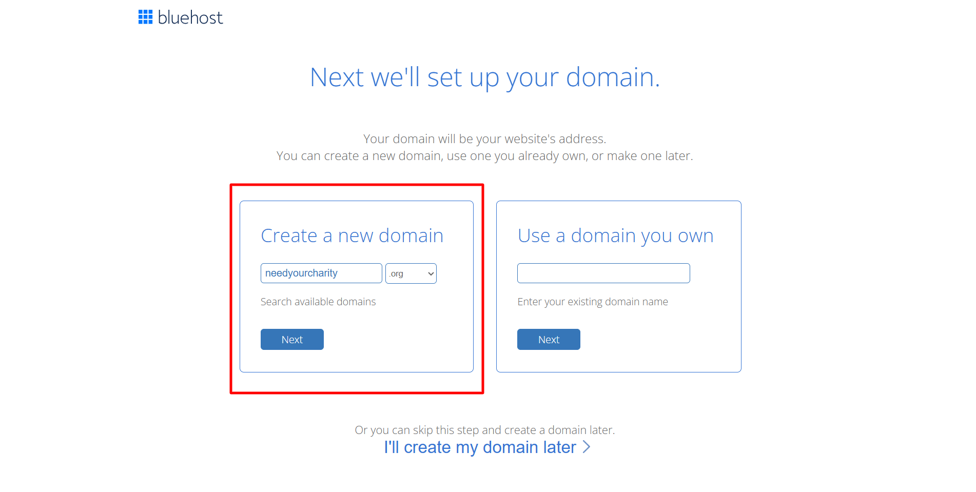 Create domain name in bluehost