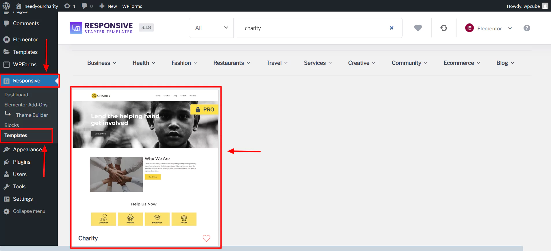 navigate to template and import