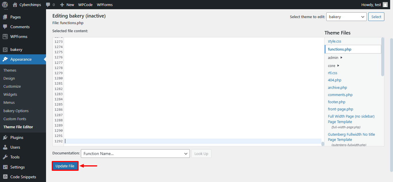 Clicking on Update file