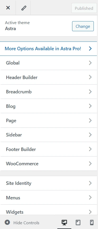 Astra theme customizer