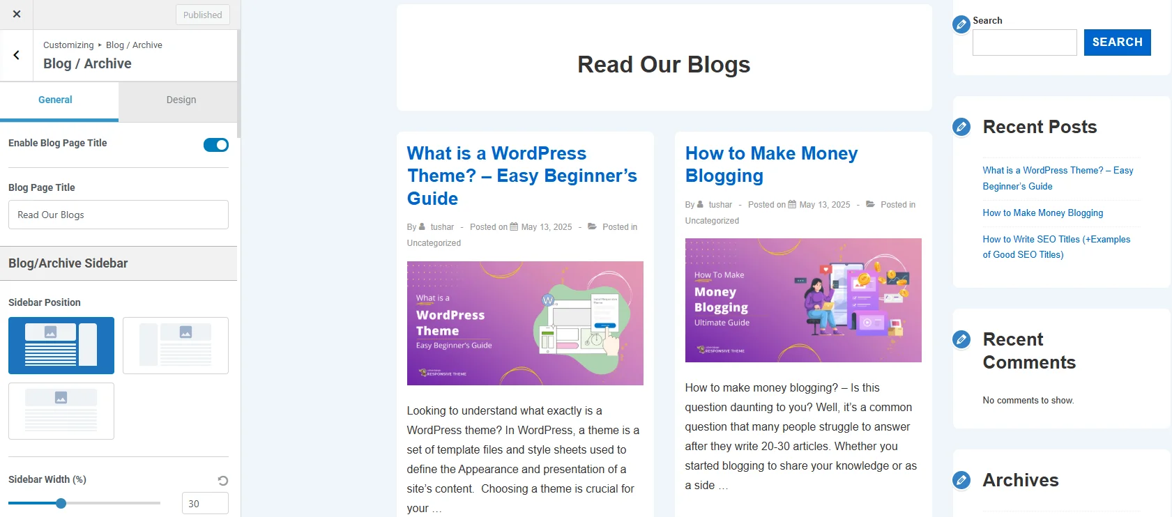 Setting blog title and sidebar