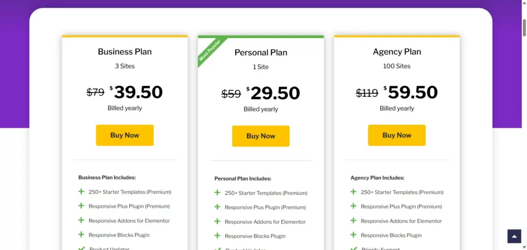 Cyberchimps Responsive Theme pricing plans.