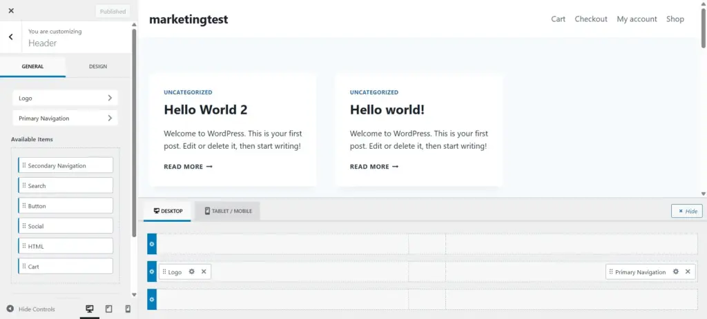 Kadence theme header builder
