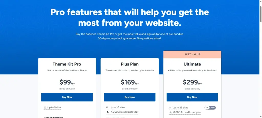 kadence theme pricing plans