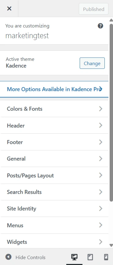 Kadence theme customizer