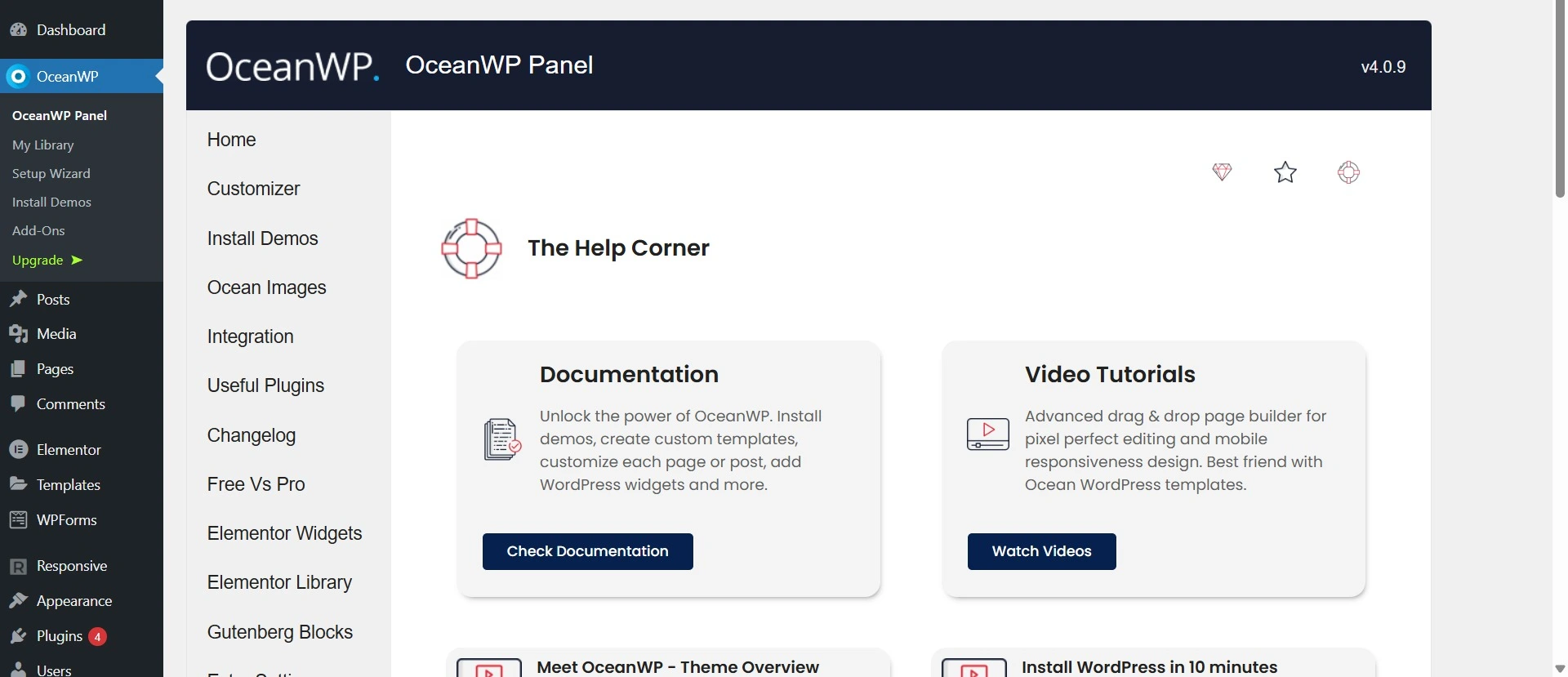 Ocean WP dashboard