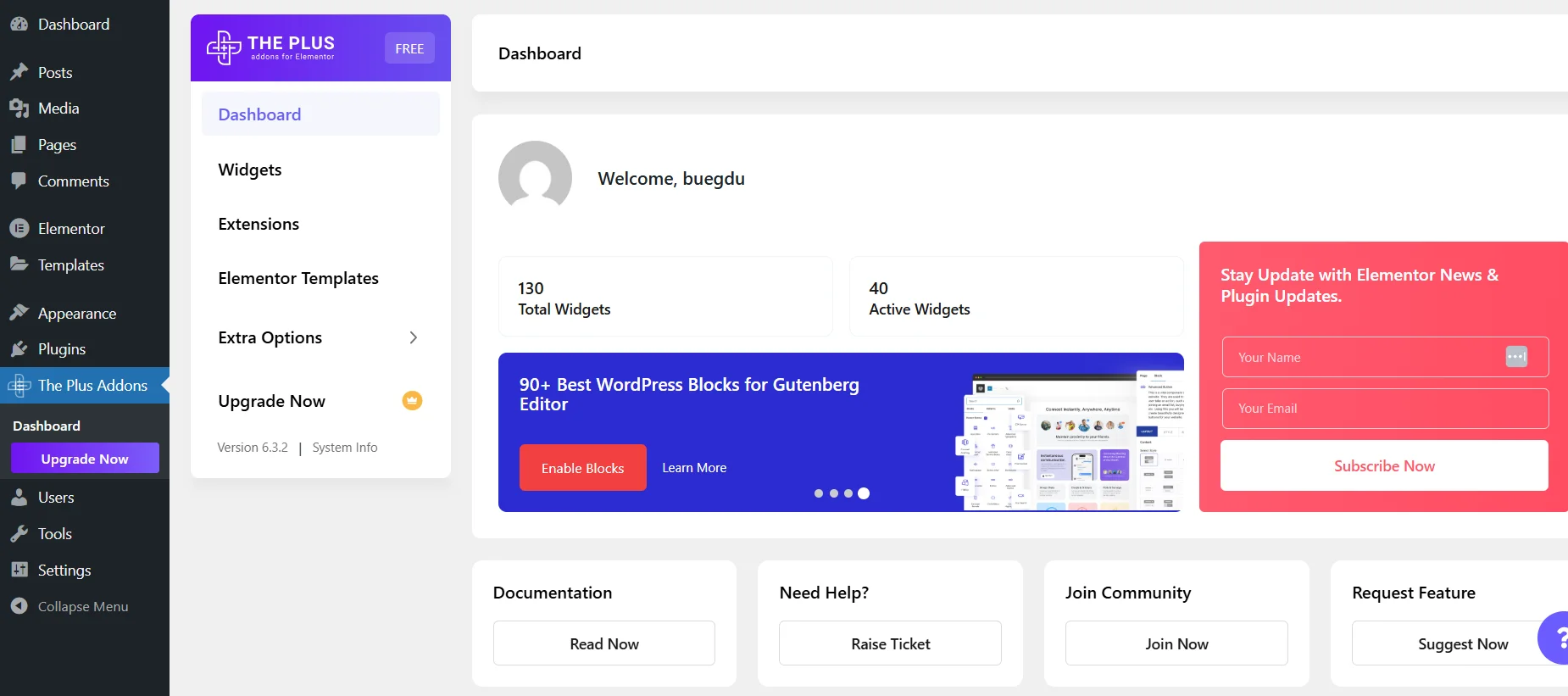 Plus Addons control panel