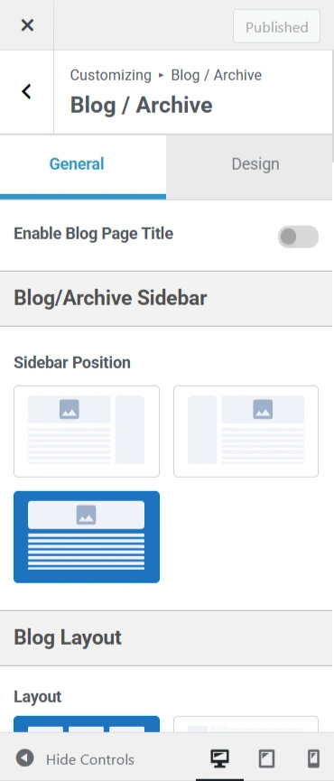 Responsive theme customizer blog layout options