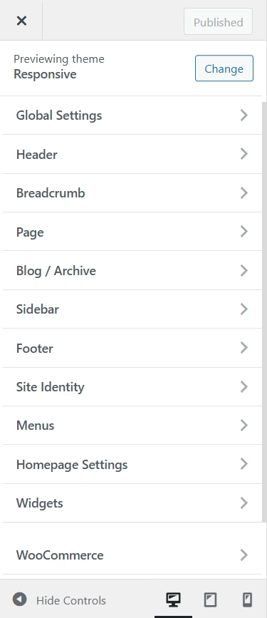 Responsive theme theme customizer