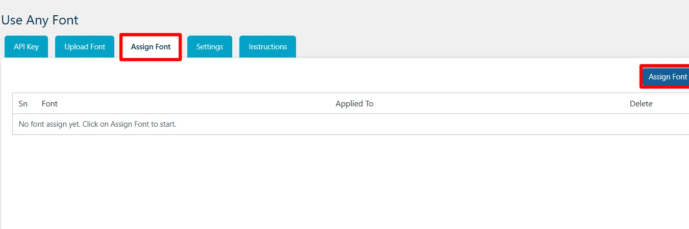 Clicking assign font tab