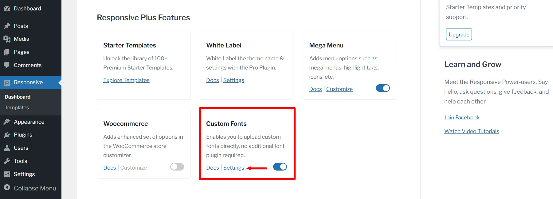Clicking settings under custom fonts