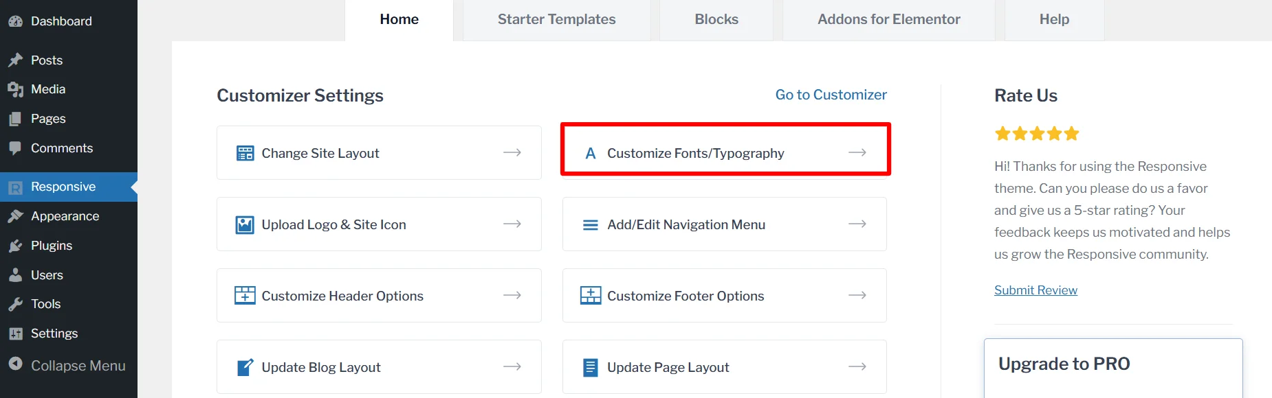 Clicking customize typography