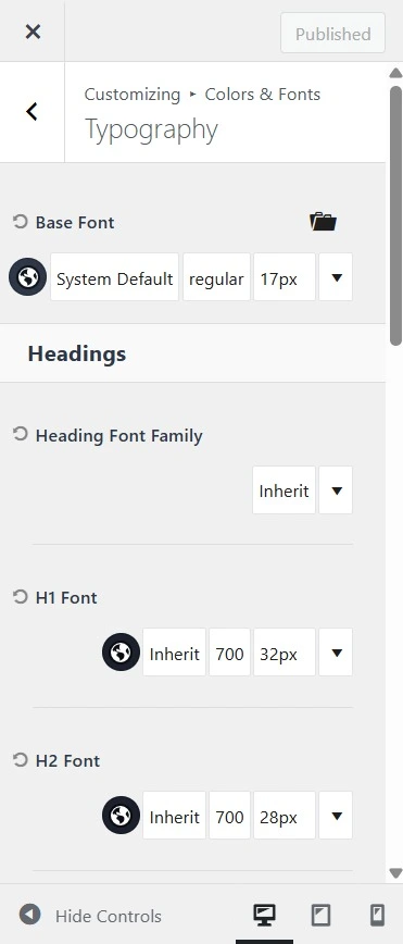 Kadence theme typography settings