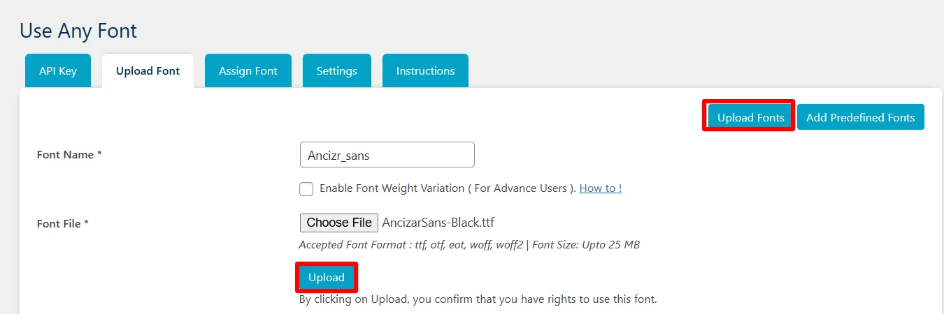 Uploading font