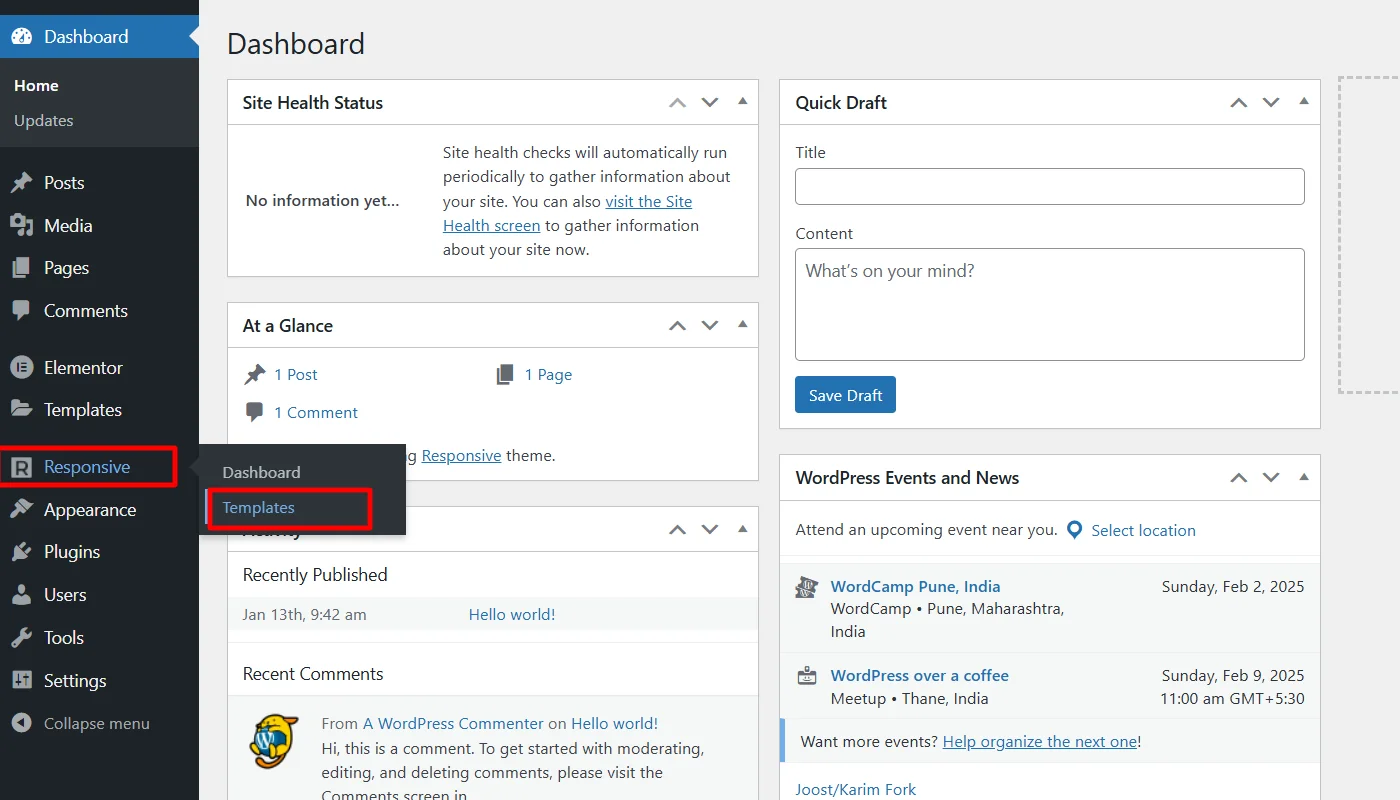 Clicking on Template button to import the website