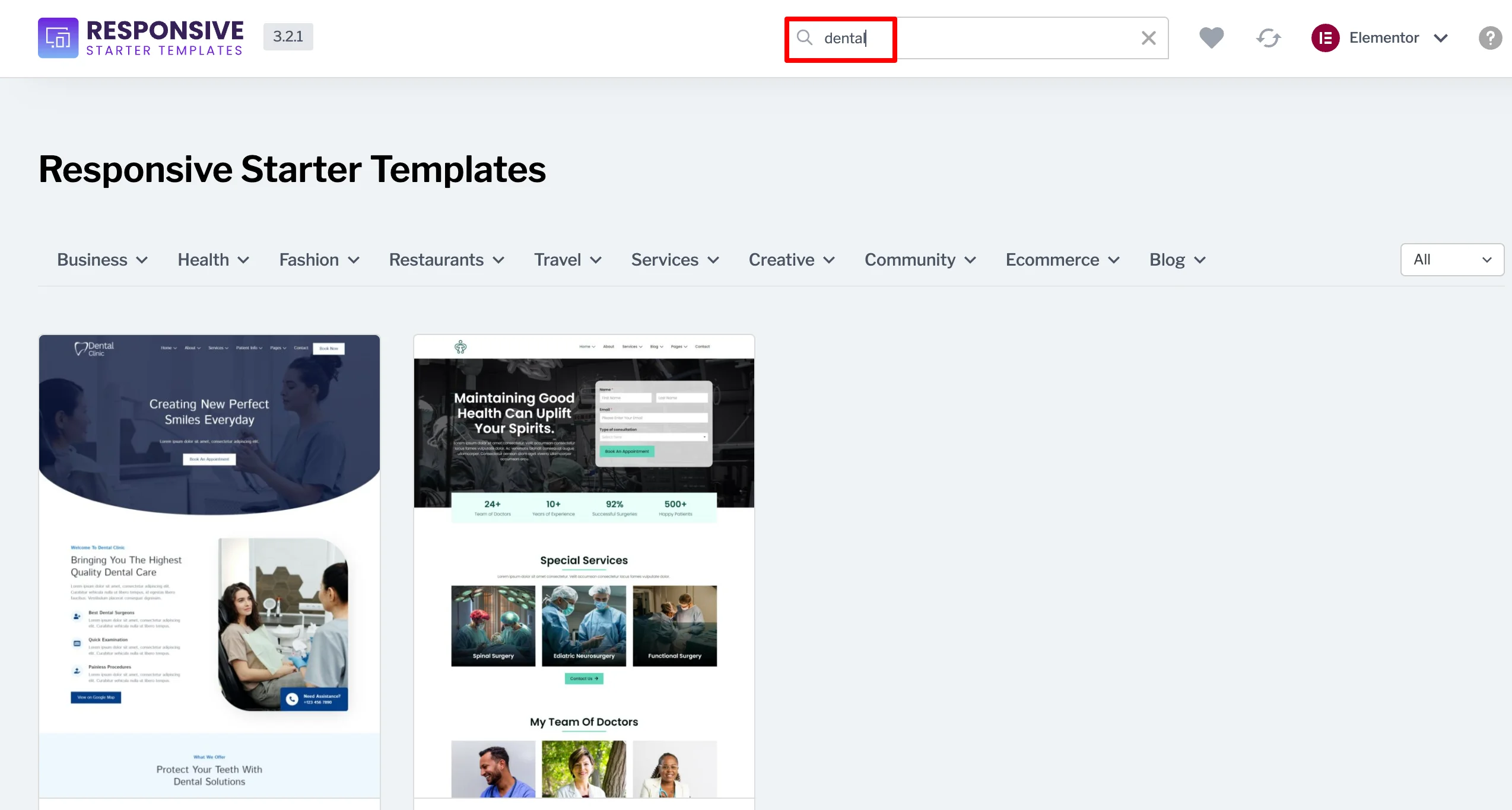 Search for Dental in the search bar